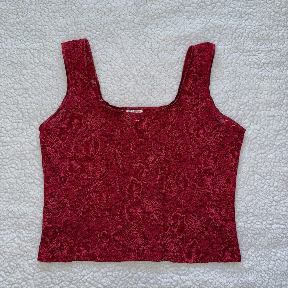 VTG lace corset style red floral stretch tank sheer vintage whimsy lingerie S